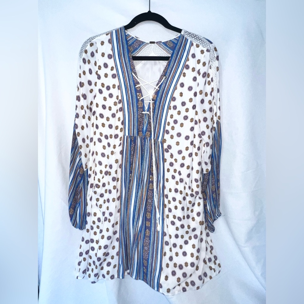 SOLD!  Free People -Lined Bohemian Blue/White Swing Dress. Perfect Condition!